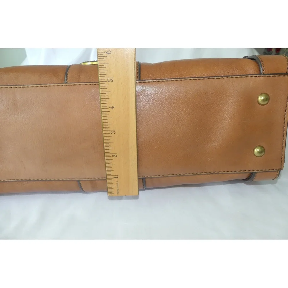 Vintage Fossil Cognac Leather Satchel Reissue Handbag Brass Key Charm Keyhole